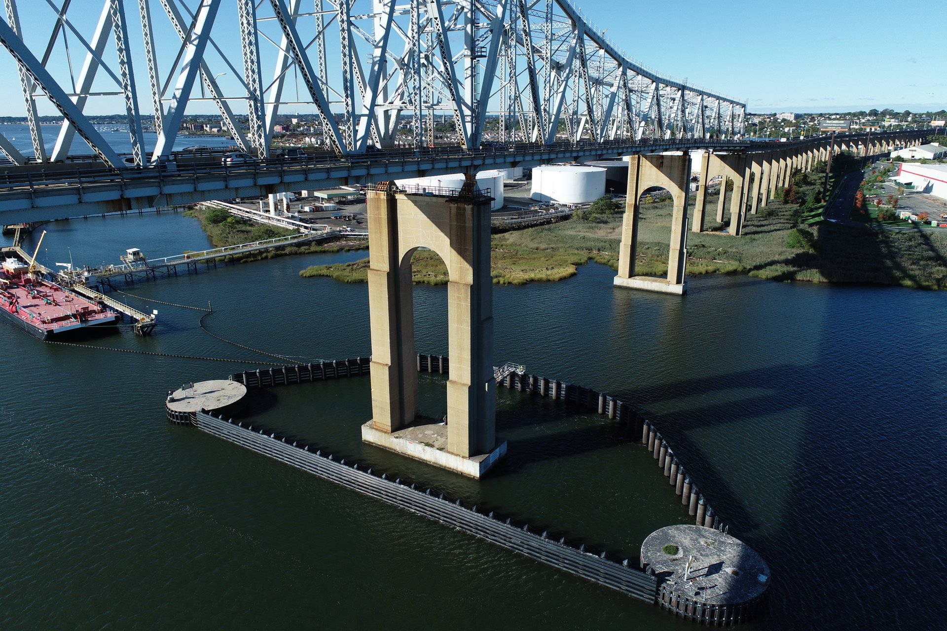Drone view of Outerbridge Crossing pier and fender system over the Arthur Kill